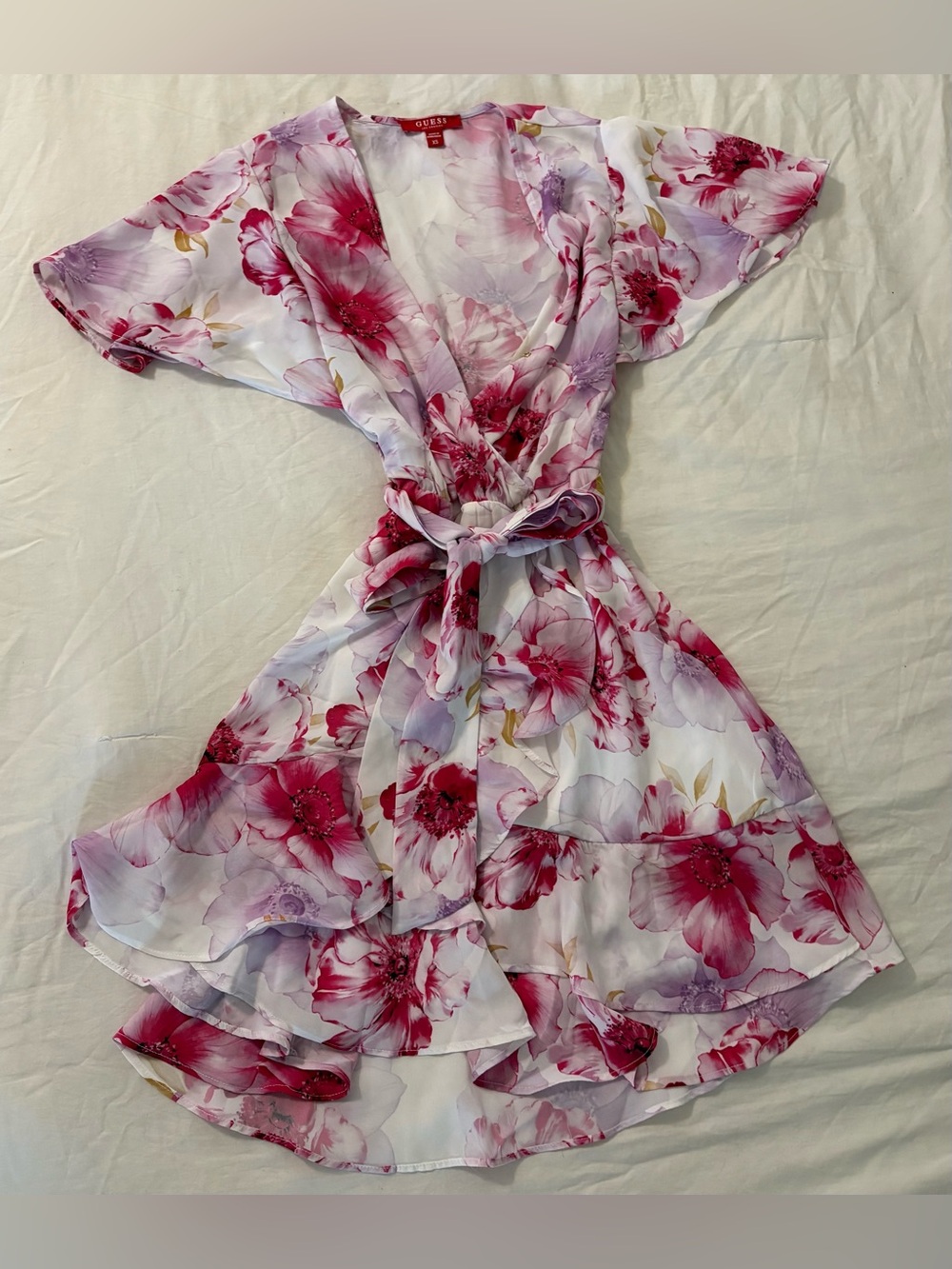 GUESS White Dress with Pink Floral High-Low Hem